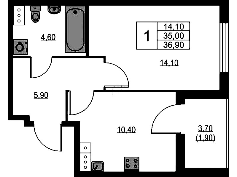 1-комнатная квартира 36.9 м², 13/13 эт., ЖК «А101 Лаголово»